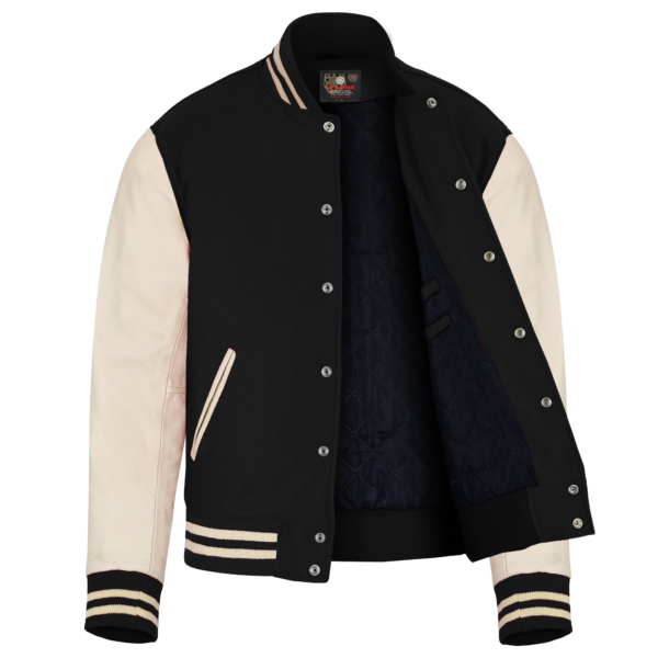 Black wool and Cream Leather Sleeve Varsity Jacket