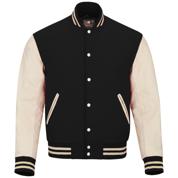 Black wool and Cream Leather Sleeve Varsity Jacket