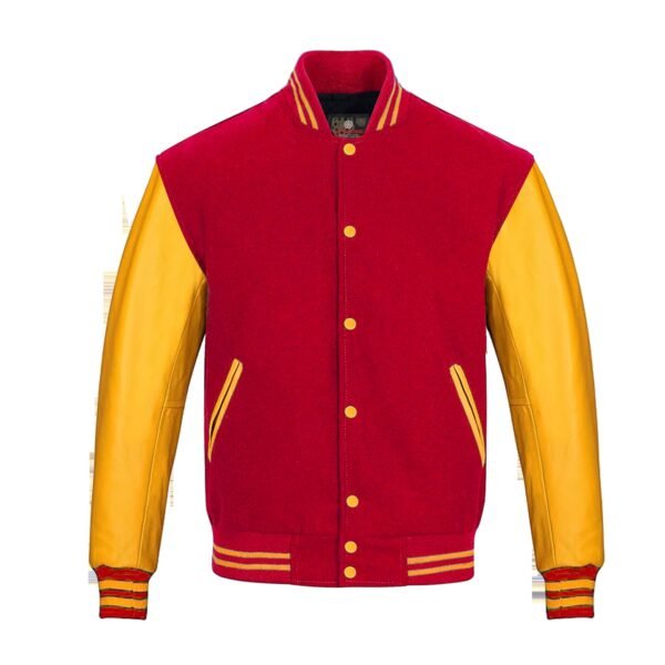Red wool and Gold Leather Sleeve Varsity Jacket