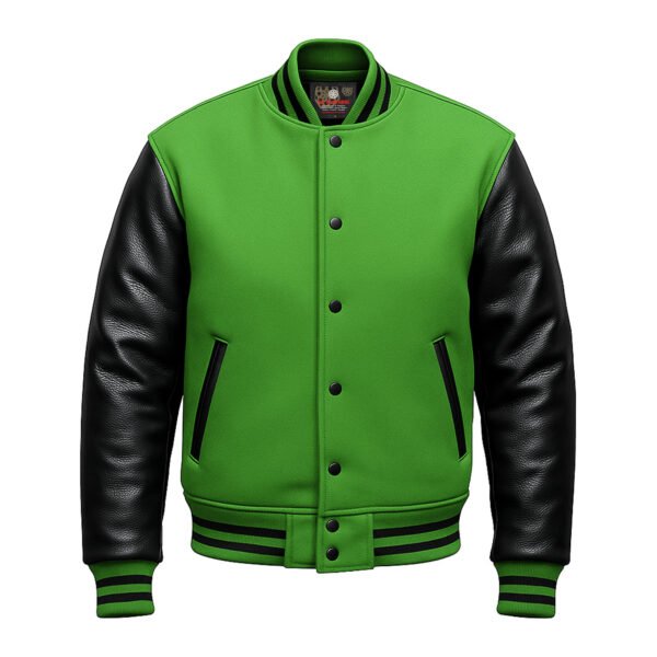 Kelly Green wool and Black leather Sleeve Varsity Jacket