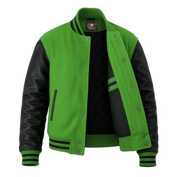 Kelly Green wool and Black leather Sleeve Varsity Jacket